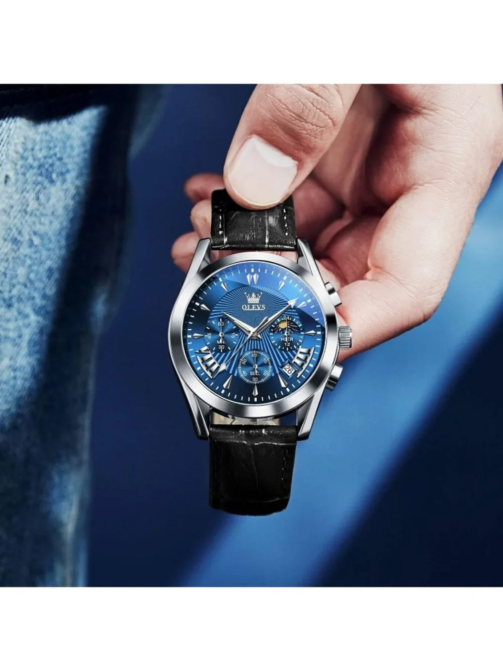 Men's Blue Leather Chronograph Watch Big Face Waterproof Date Luminous Watch
